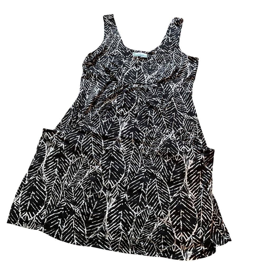 Portocruz Womens Black White Tropical Leaf Print Empire Waist Mini Dress Medium
